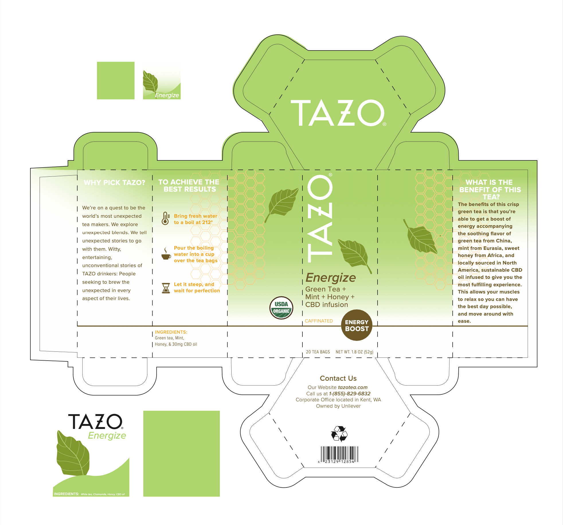 An outline/dieline representation of the green tea box, deconstructed.